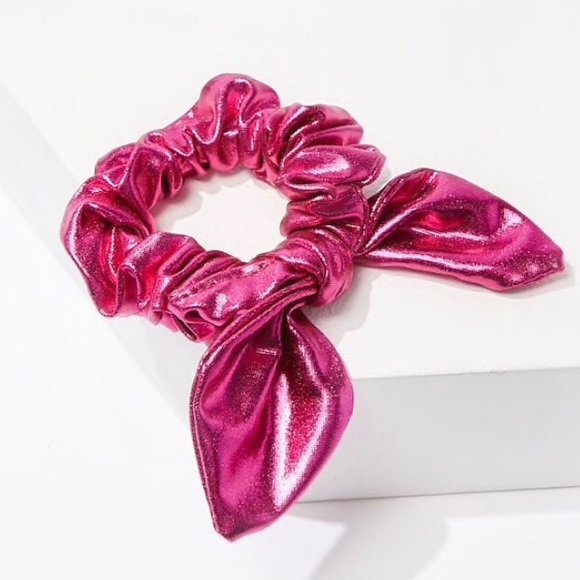 Metallic Shimmer Scrunchie w/ Bow Hot Pink vsco - Picture 2 of 2